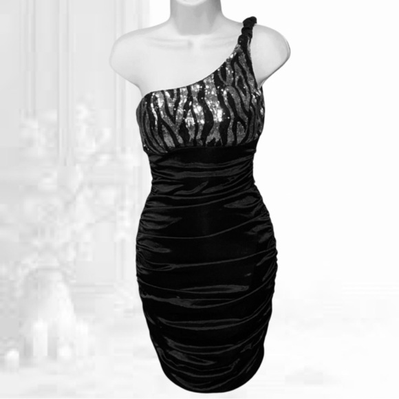 Ruby Rox Black Dress Women Small Zebra Sequin One Cold Shoulder Pinup Mini - Picture 2 of 5